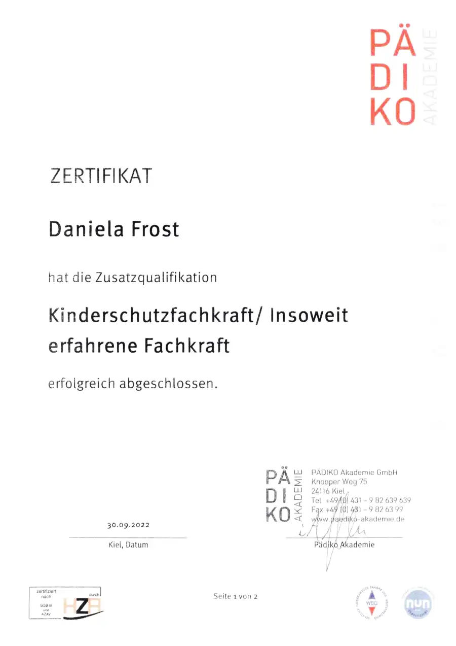 Zertifikat Kinderschutzfachkraft §8a — Daniela Frost, PÄDIKO Akademie