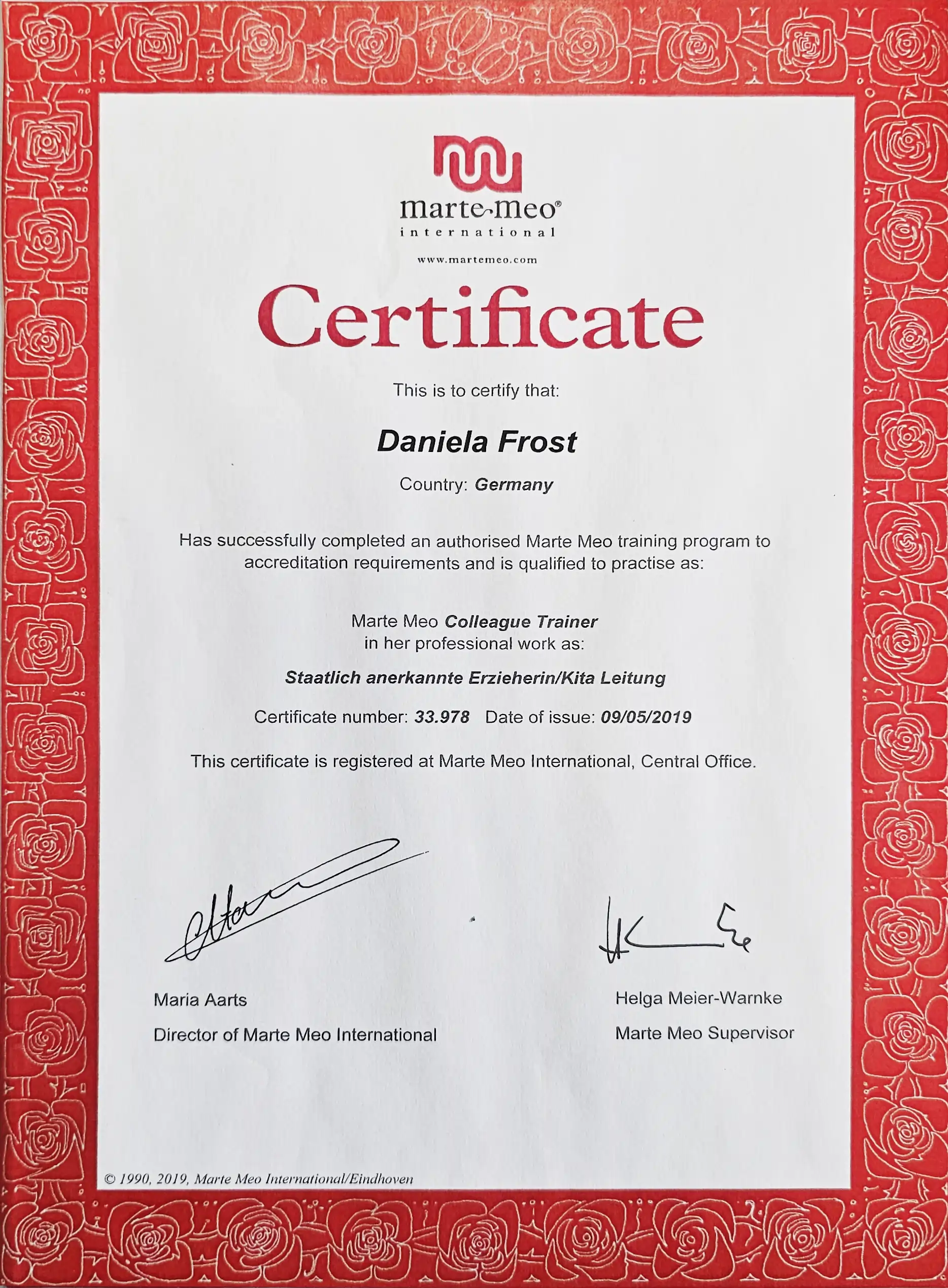 Marte Meo Colleague Trainer Zertifikat — Daniela Frost, Nr. 33.978